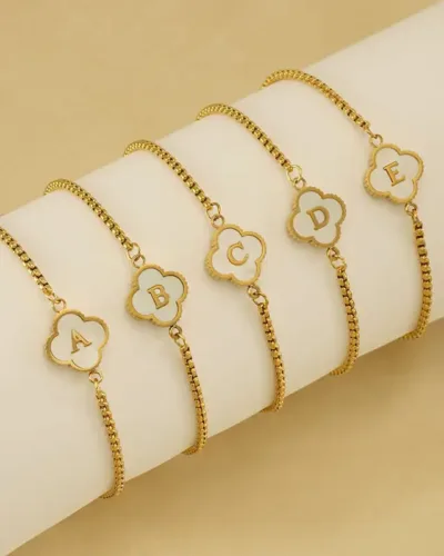 Dainty Four-leaf Clover Stainless Steel Initial Bracelet