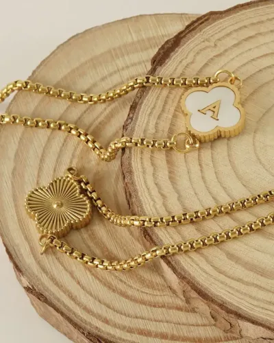 Dainty Four leaf Clover Stainless Steel Initial Bracelet 3