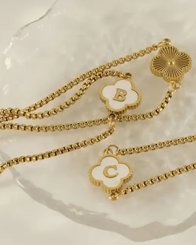 Dainty Four leaf Clover Stainless Steel Initial Bracelet 32