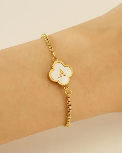 Dainty Four leaf Clover Stainless Steel Initial Bracelet 4