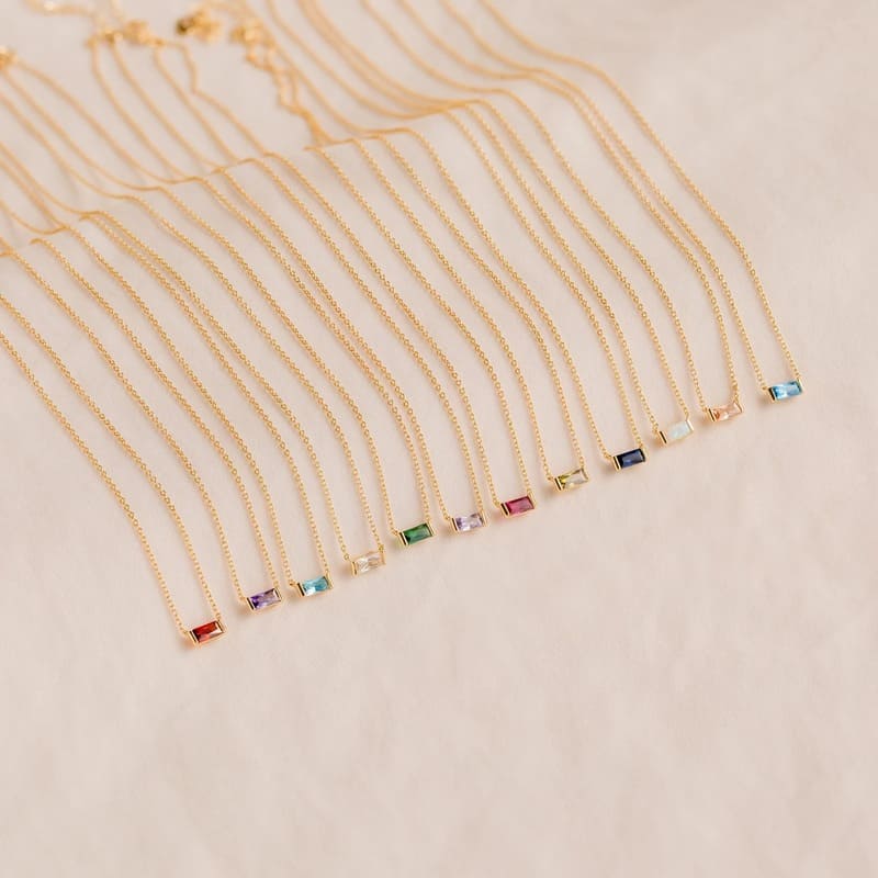 Dainty Gold Emerald Cut Baguette Zircon Birthstone Necklace