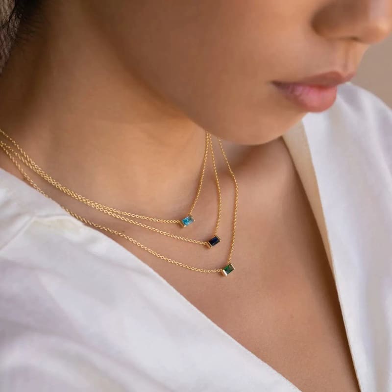 Dainty Gold Emerald Cut Baguette Zircon Birthstone Necklace