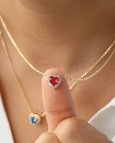 Dainty Gold Birthstone Heart Necklace for Mom