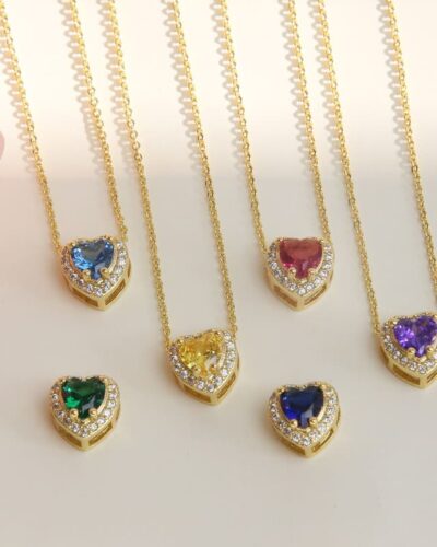 Dainty Gold Birthstone Heart Necklace for Mom