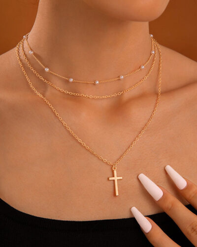 Dainty Layered Pearl Chain Cross Necklace for Women