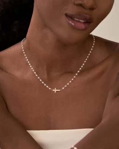 Dainty Small Pearl Cross Necklace Gold Sideway Chain