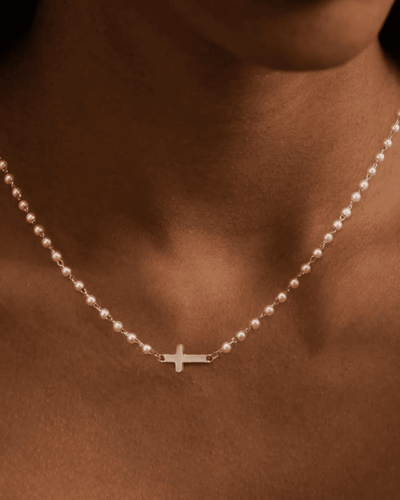 Dainty Small Pearl Cross Necklace Gold Sideway Chain