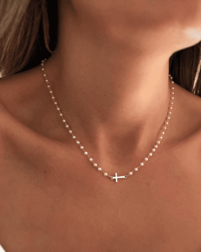 Dainty Small Pearl Cross Necklace Gold Sideway Chain
