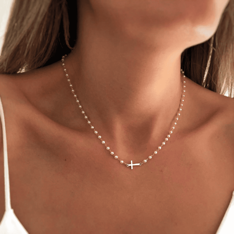 Dainty Small Pearl Cross Necklace Gold Sideway Chain