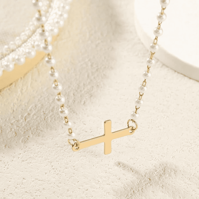 Dainty Small Pearl Cross Necklace Gold Sideway Chain