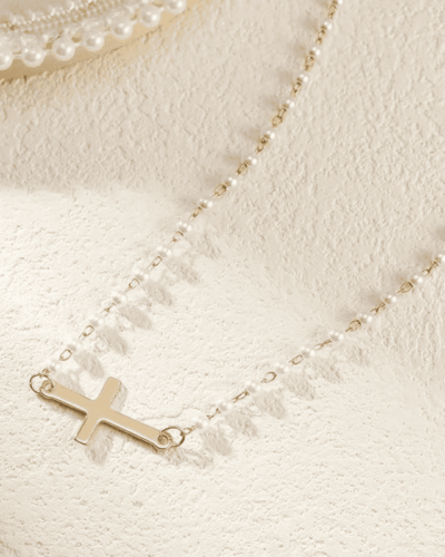 Dainty Small Pearl Cross Necklace Gold Sideway Chain
