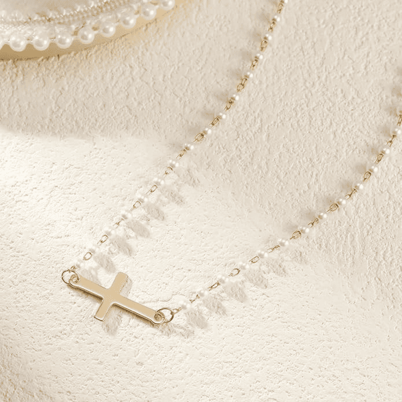 Dainty Small Pearl Cross Necklace Gold Sideway Chain