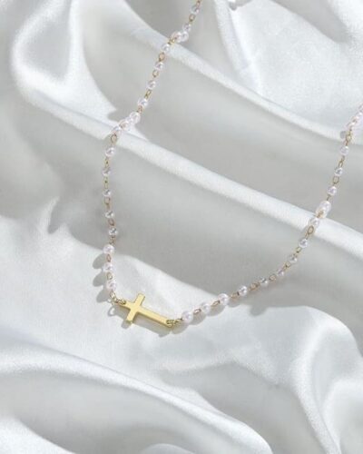 Dainty Small Pearl Cross Necklace Gold Sideway Chain