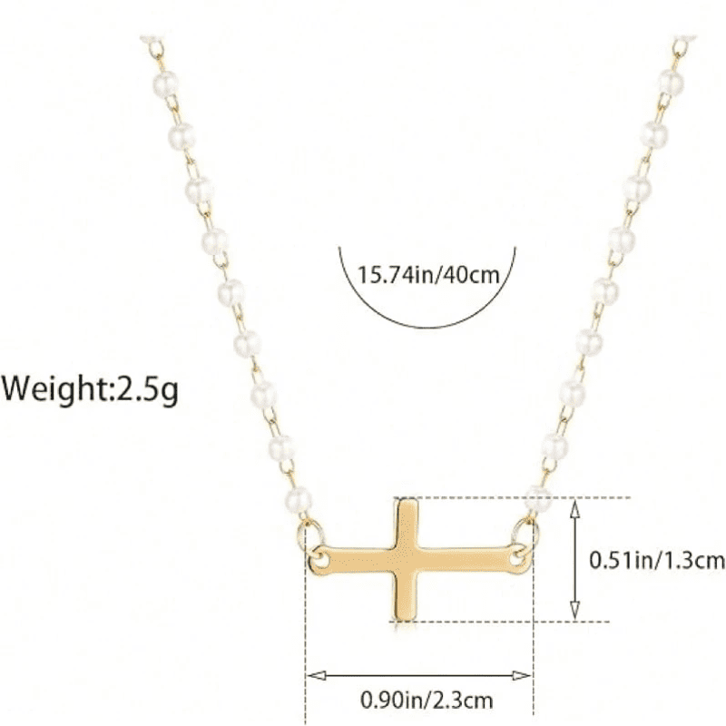 Dainty Small Pearl Cross Necklace Gold Sideway Chain