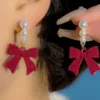 Dainty Plush Bow Pearl Earrings for Lady
