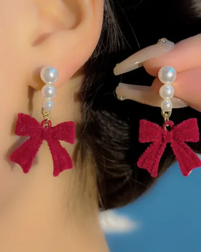 Dainty Plush Bow Pearl Earrings for Lady