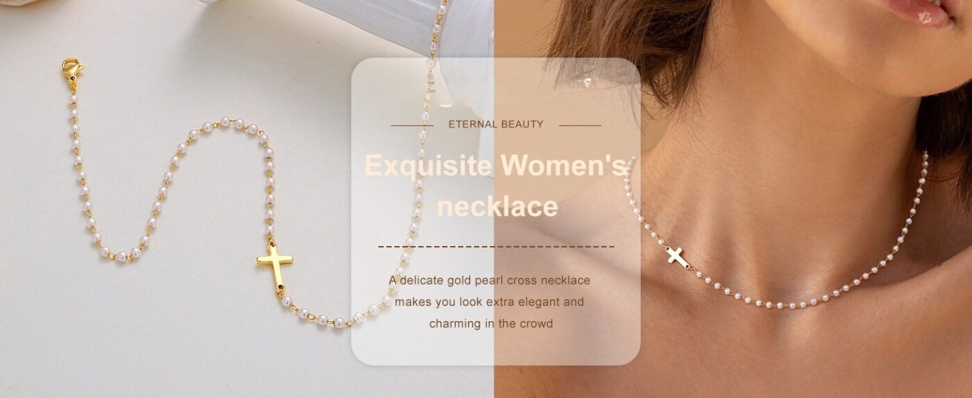 Dainty Small Pearl Cross Necklace Gold Sideway Chain