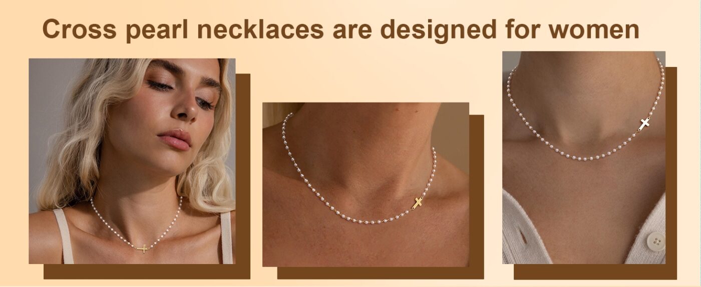 Dainty Small Pearl Cross Necklace Gold Sideway Chain