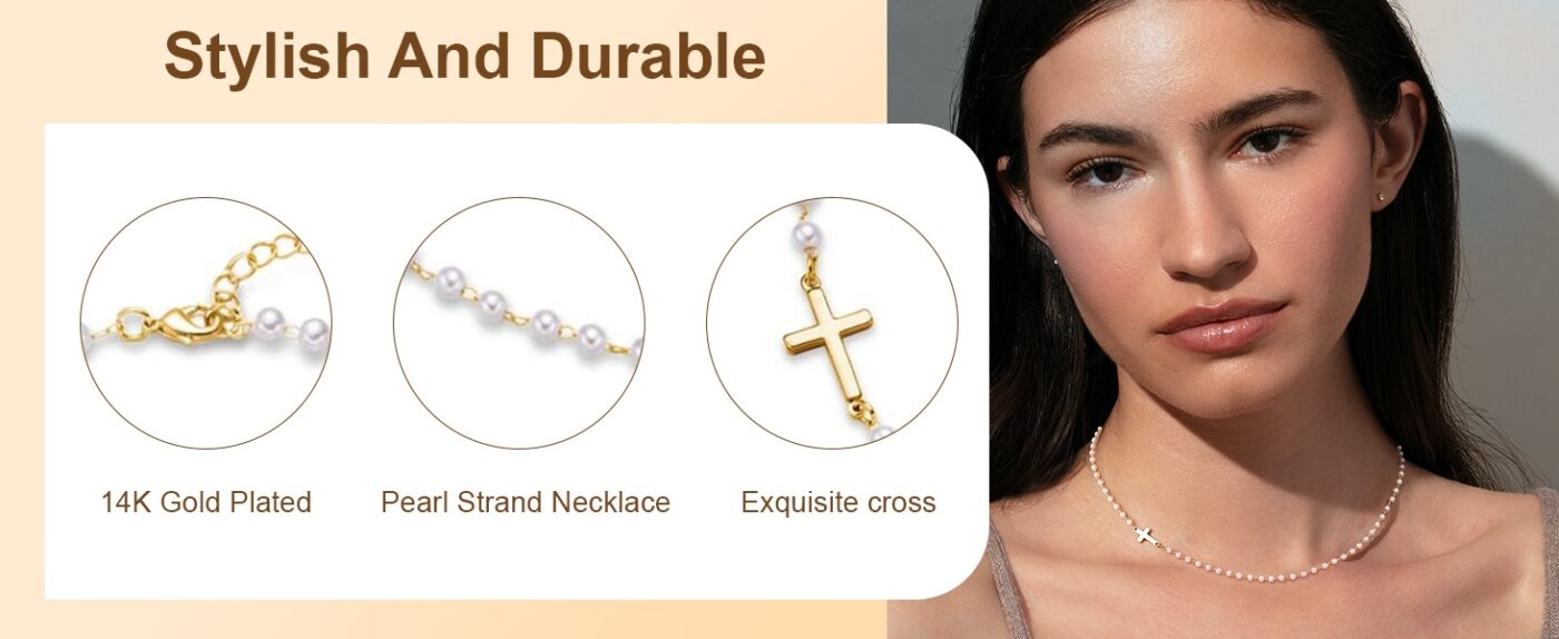 Dainty Small Pearl Cross Necklace Gold Sideway Chain