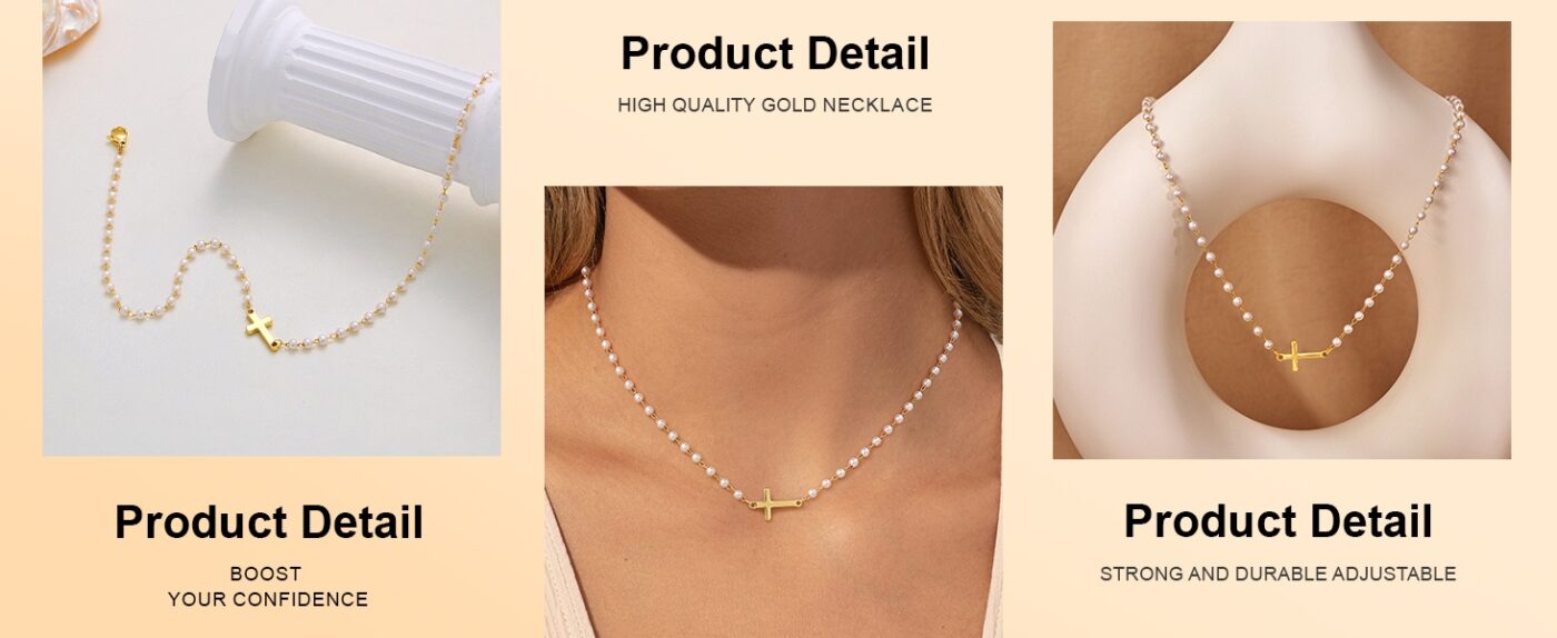 Dainty Small Pearl Cross Necklace Gold Sideway Chain