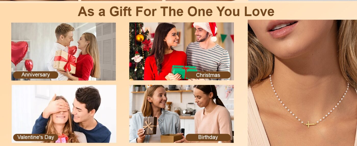 Dainty Small Pearl Cross Necklace Gold Sideway Chain