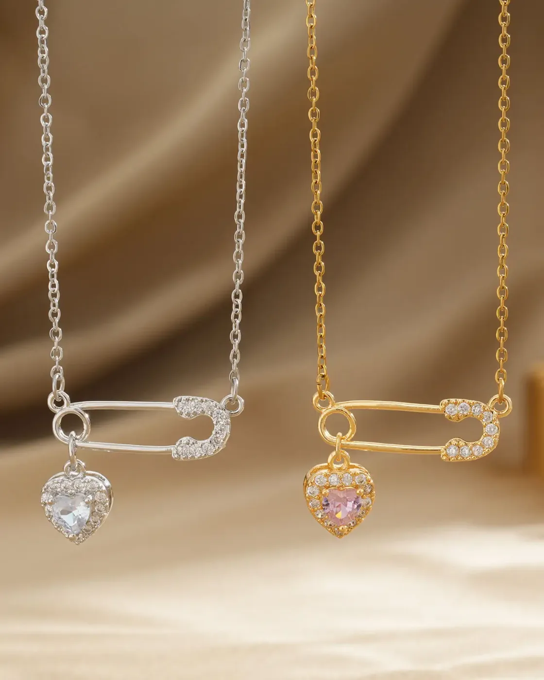 Dainty Stainless Steel Heart Safety Pin Pendant Necklace for Women