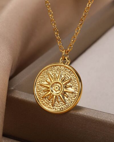 Dainty Stainless Steel Necklace Sun Shaped Coin Pendant
