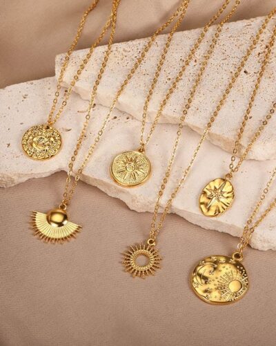 Dainty Stainless Steel Necklace Sun Shaped Coin Pendant