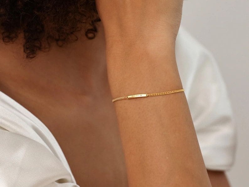 Dainty Thin 18K Gold Plated Engraved Personalized Name Bar Bracelets 3