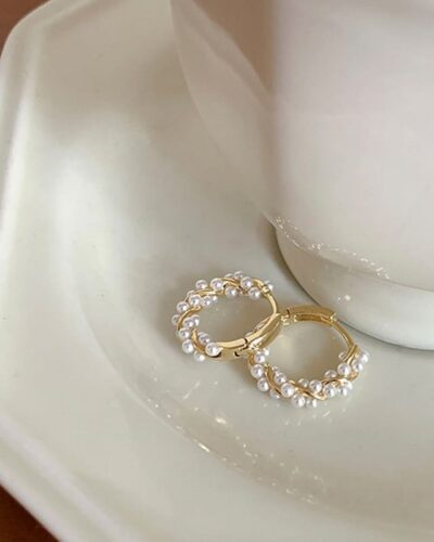 Dainty Vintage Rice Pearl Hoop Earrings for Her