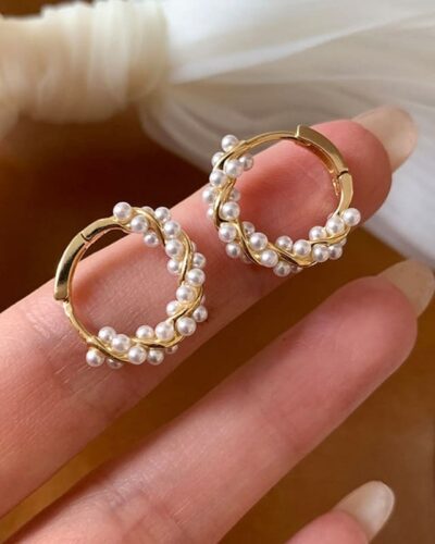Dainty Vintage Rice Pearl Hoop Earrings for Her