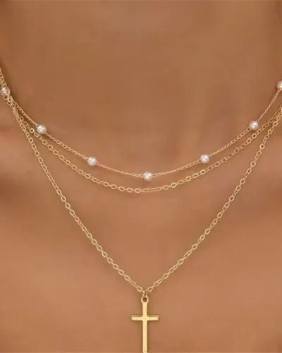 Dainty Layered Pearl Chain Cross Necklace for Women
