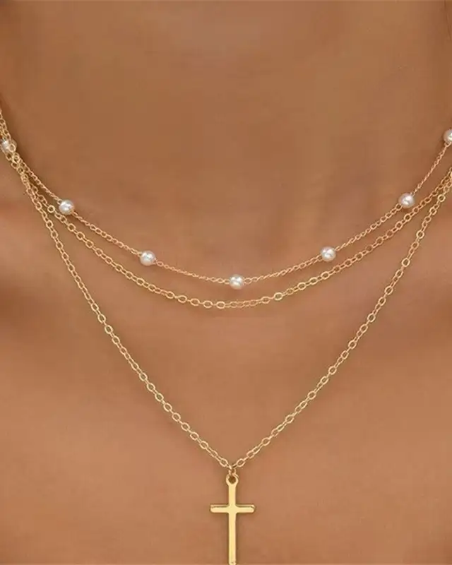 Dainty Layered Pearl Chain Cross Necklace for Women