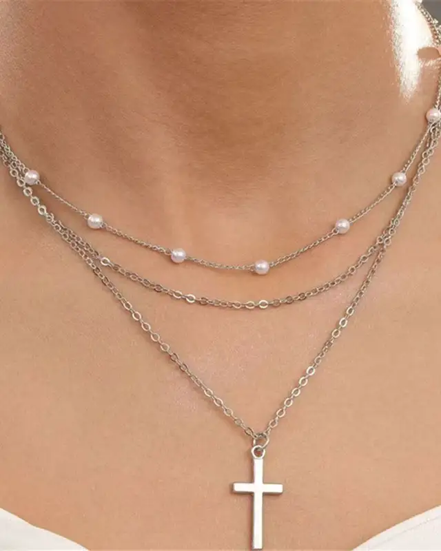 Danty Layered Pearl Chain Cross Necklace for Women