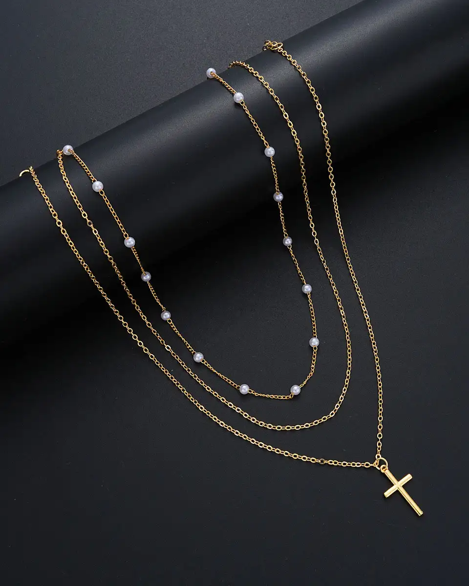 Dainty Layered Pearl Chain Cross Necklace for Women - Obrázek 3