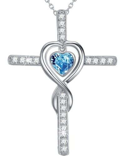 Silver Ladies Birthstone Cross Necklace Pendant