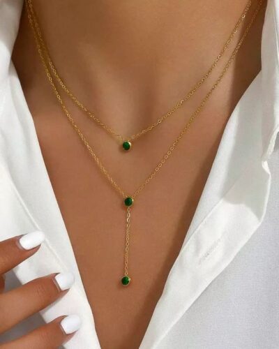 Double Layer Gold Chain Necklace with Emerald Zircon