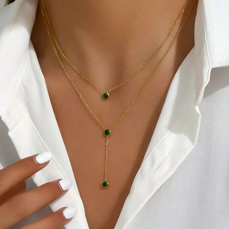 Double Layer Gold Chain Necklace with Emerald Zircon