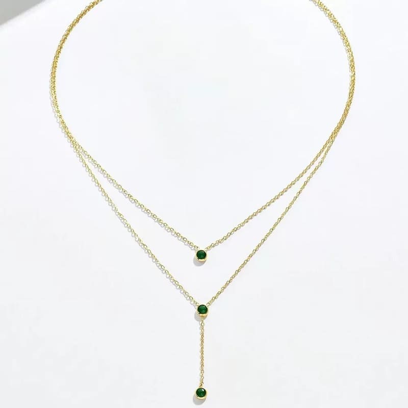 Double Layer Gold Chain Necklace with Emerald Zircon