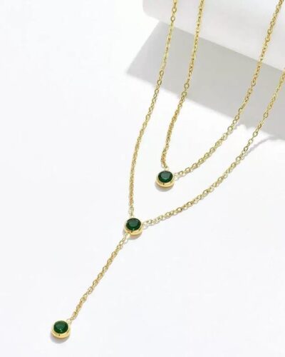 Double Layer Gold Chain Necklace with Emerald Zircon