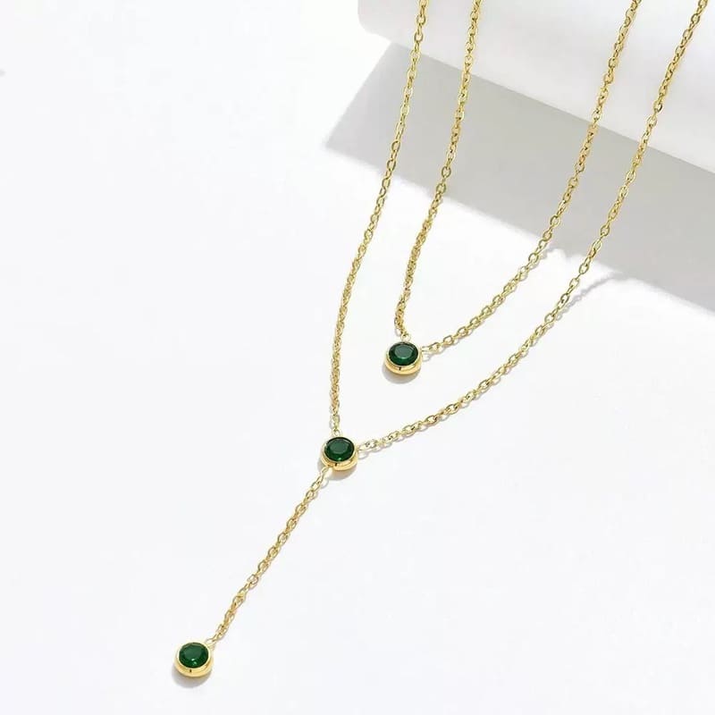 Double Layer Gold Chain Necklace with Emerald Zircon