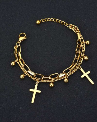 Double-Layer Heart and Cross Stainless Steel Bracelet