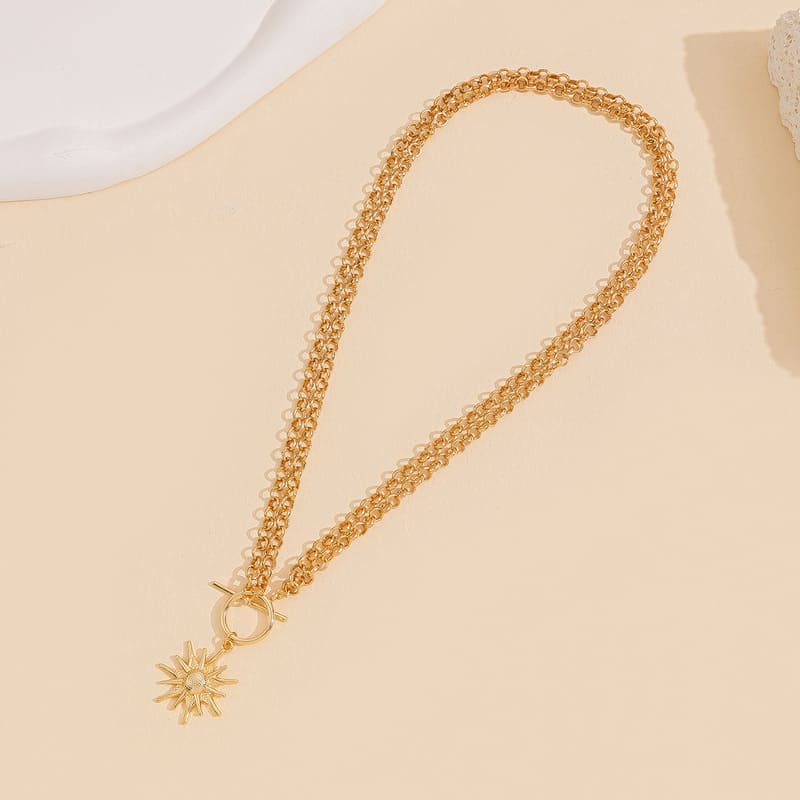 Chunky Gold Stacked Necklaces OT Buckle Sun Pendant Hip-hop