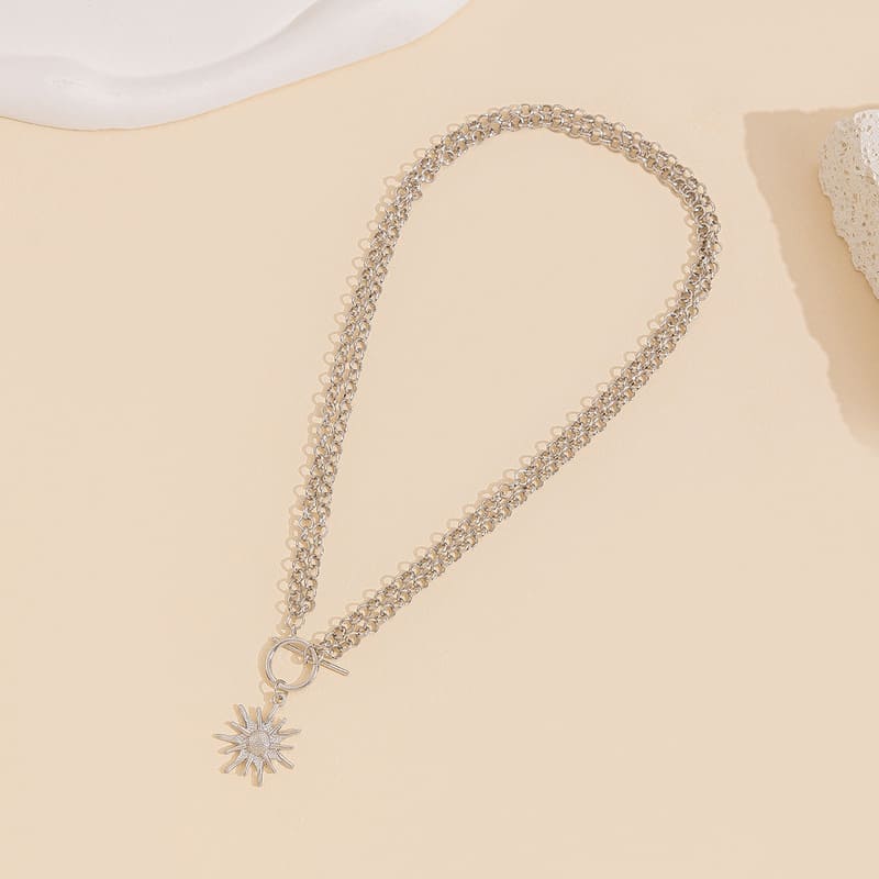 Chunky Gold Stacked Necklaces OT Buckle Sun Pendant Hip-hop