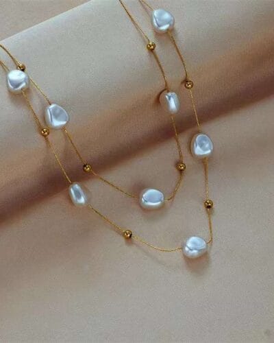 Double layer Stainless Steel Vintage Baroque Pearl Necklace 2