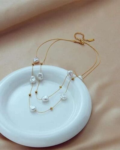 Double layer Stainless Steel Vintage Baroque Pearl Necklace 3