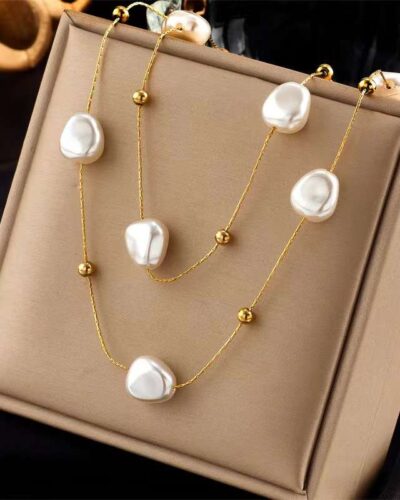 Alternativní pohled na Double-layer Stainless Steel Vintage Baroque Pearl Necklace