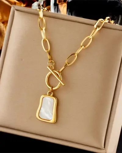 Alternative view of Elegant 18K Gold Plated Stainless Steel White Shell Necklace