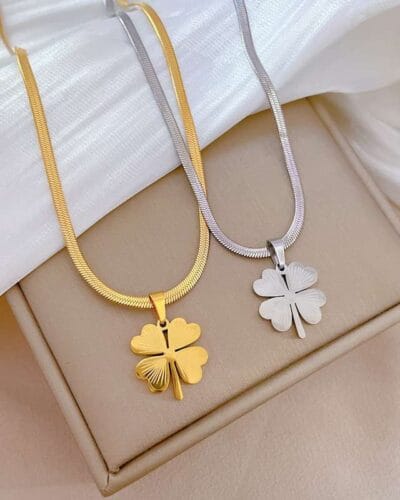 Elegant 4 Leaf Clover Pendant Stainless Steel Snake Chain 1