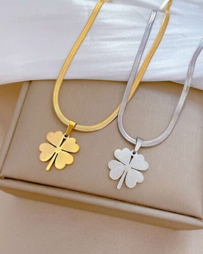 Elegant 4 Leaf Clover Pendant Stainless Steel Snake Chain 4
